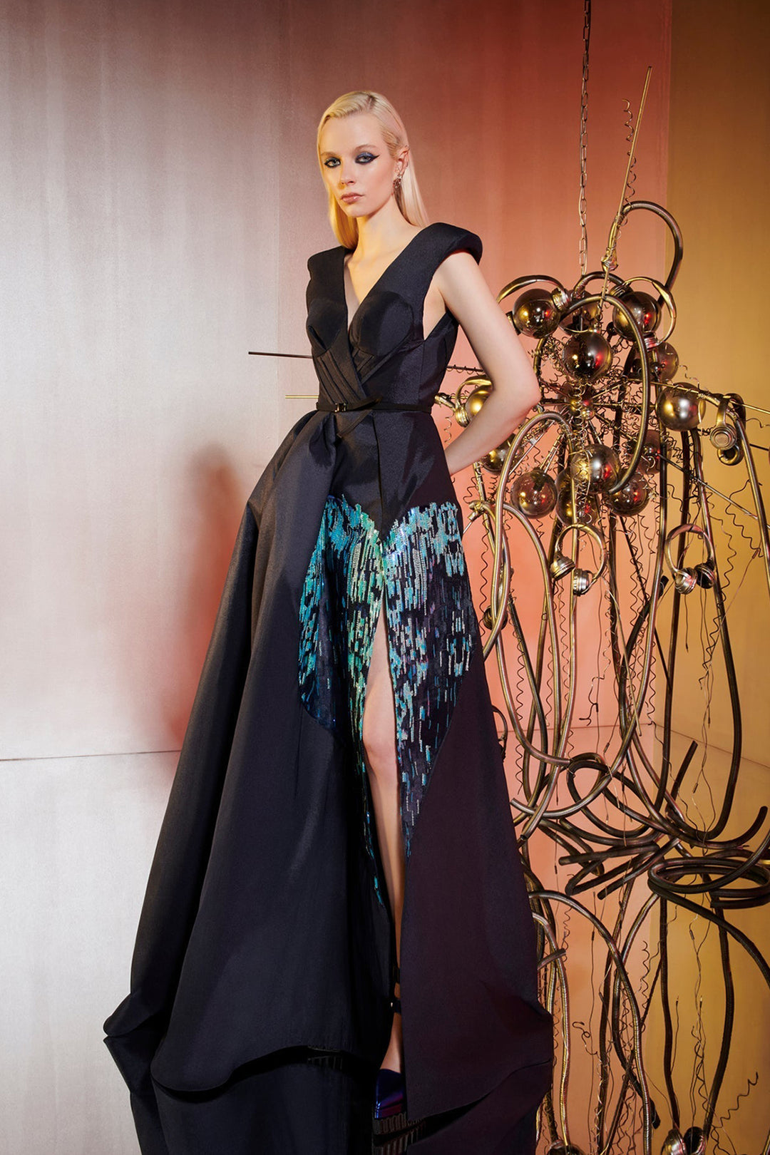 Asymmetrical Tafta Dress with Heart Embroidery