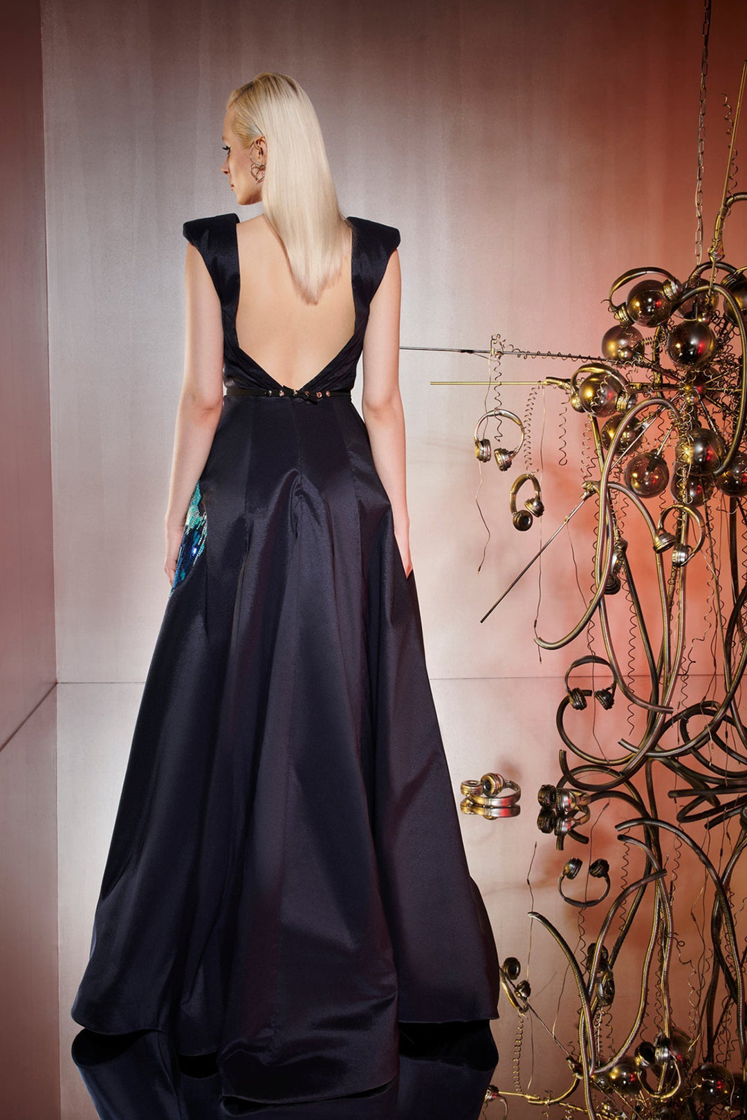 Asymmetrical Tafta Dress with Heart Embroidery