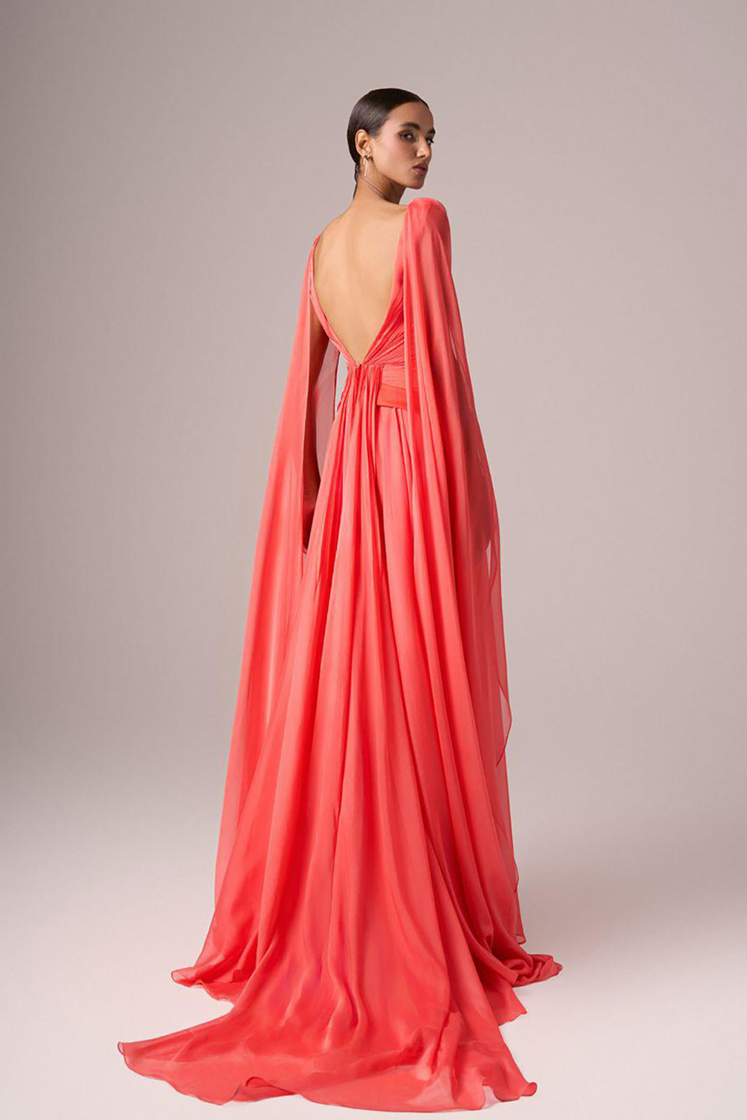 Illusion V-Neck Draped Chiffon A-Line Dress