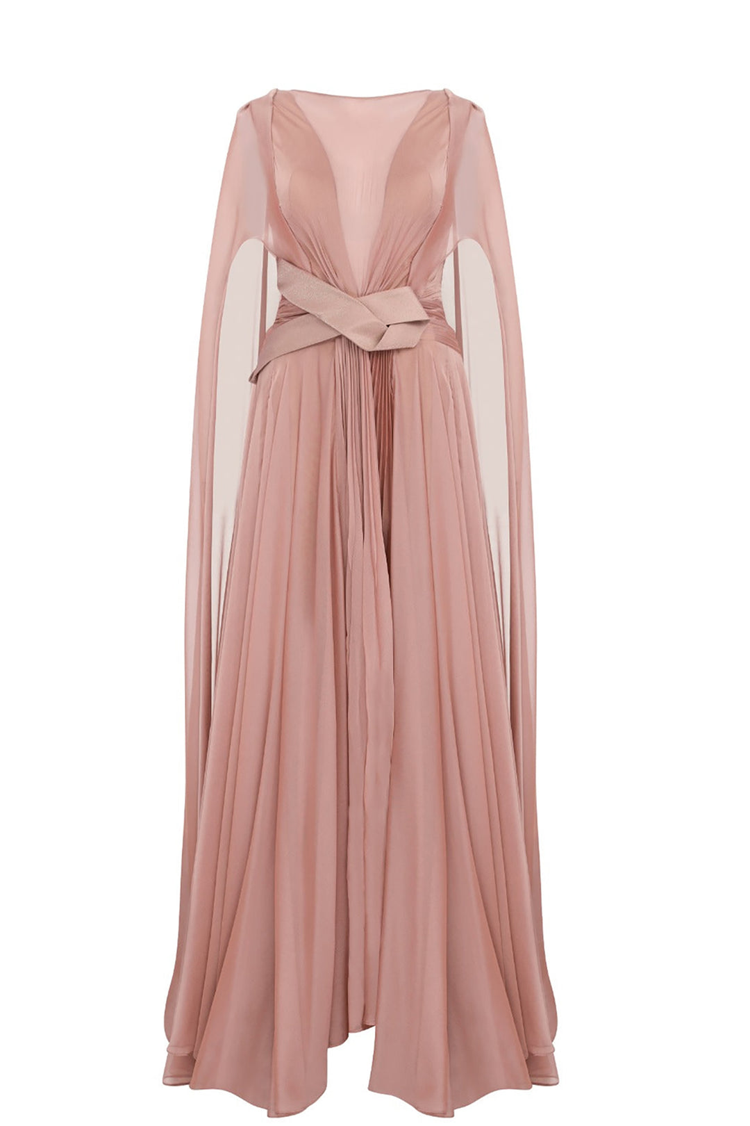 Illusion V-Neck Draped Chiffon A-Line Dress