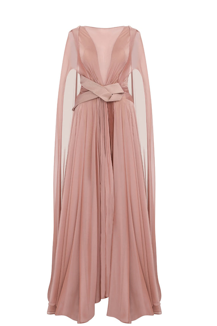Illusion V-Neck Draped Chiffon A-Line Dress
