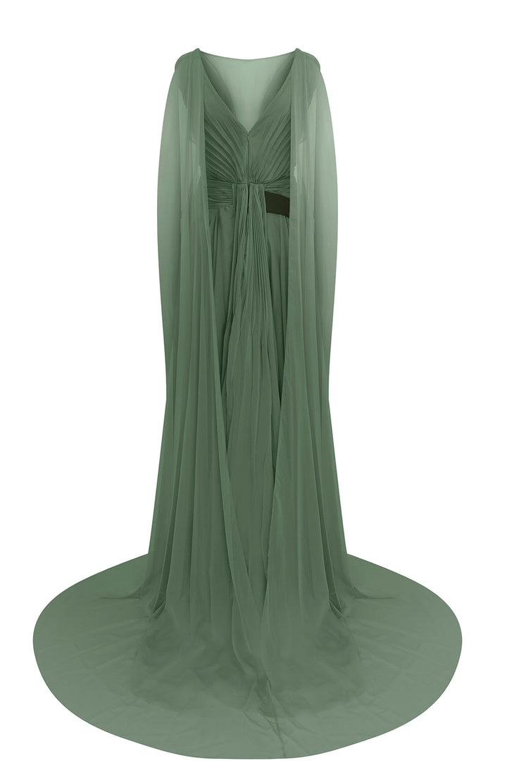 Illusion V-Neck Draped Chiffon A-Line Dress