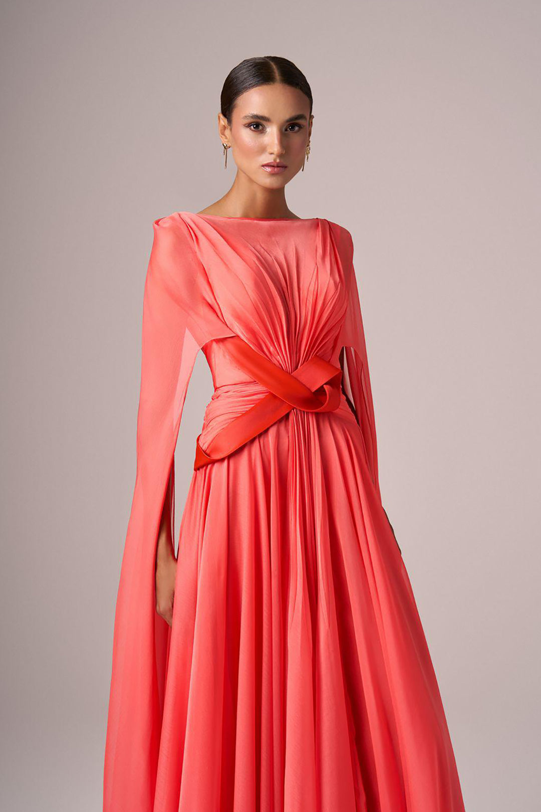 Illusion V-Neck Draped Chiffon A-Line Dress