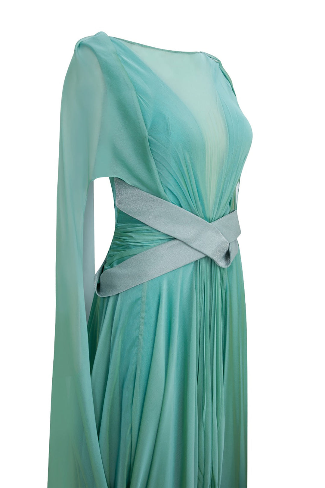 Illusion V-Neck Draped Chiffon A-Line Dress