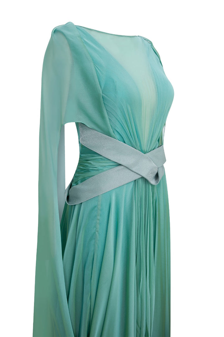 Illusion V-Neck Draped Chiffon A-Line Dress