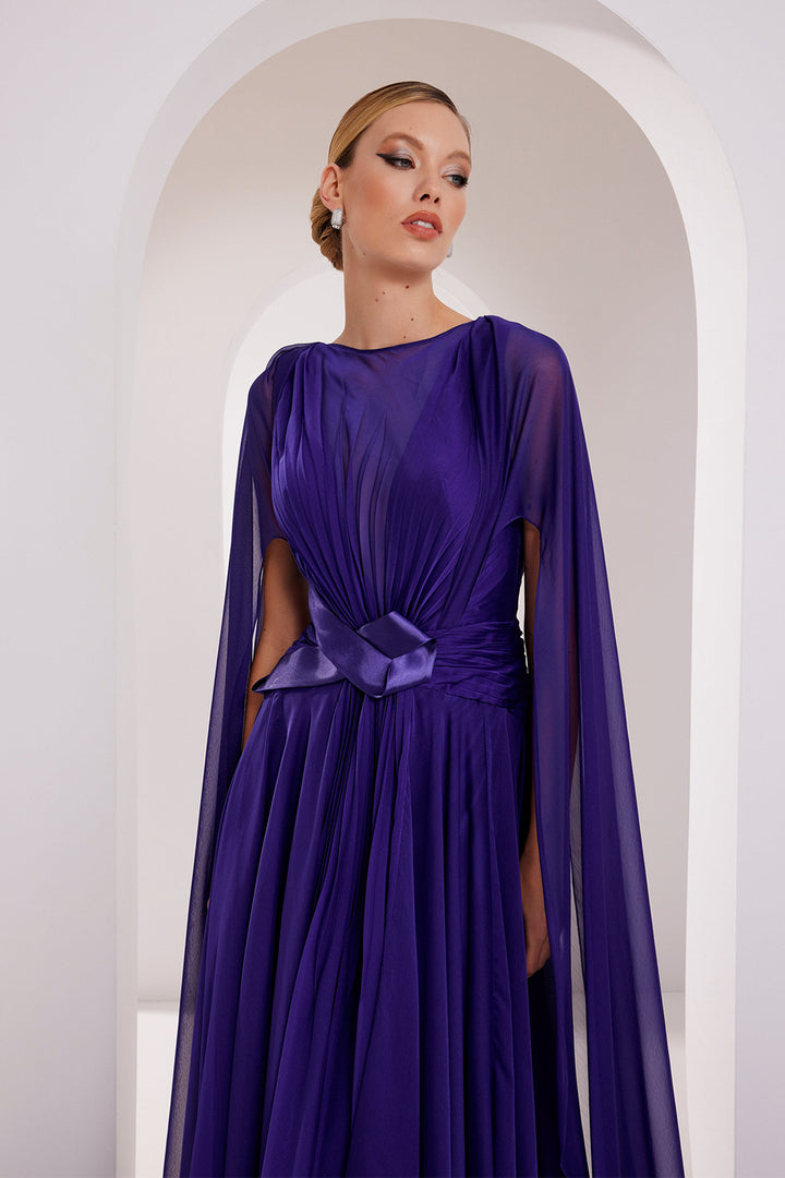 Illusion V-Neck Draped Chiffon A-Line Dress