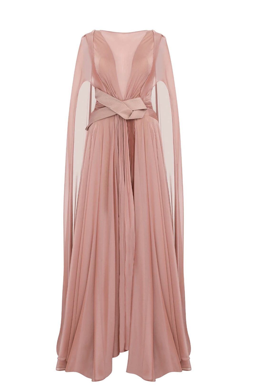 Illusion V-Neck Draped Chiffon A-Line Dress