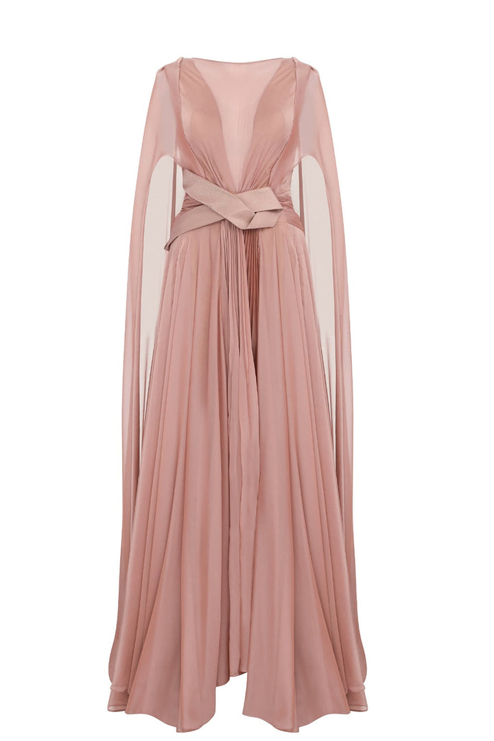 Illusion V-Neck Draped Chiffon A-Line Dress