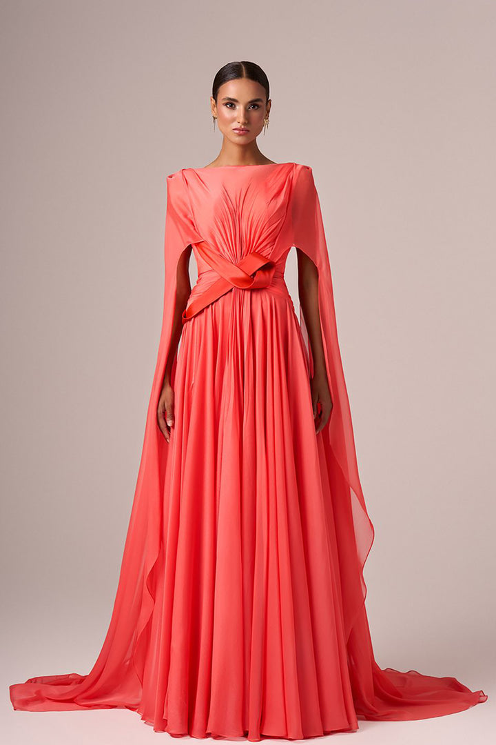 Illusion V-Neck Draped Chiffon A-Line Dress