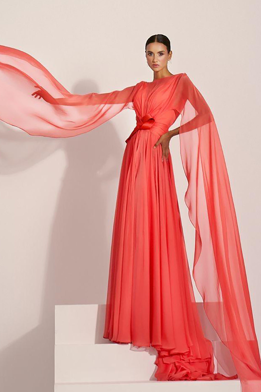 Illusion V-Neck Draped Chiffon A-Line Dress