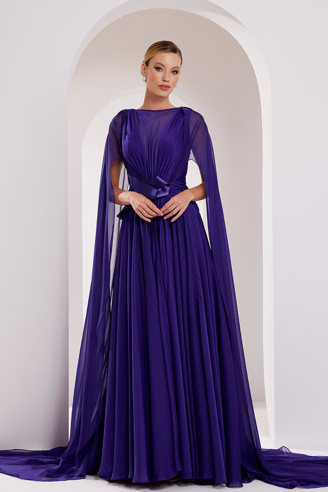 Illusion V-Neck Draped Chiffon A-Line Dress