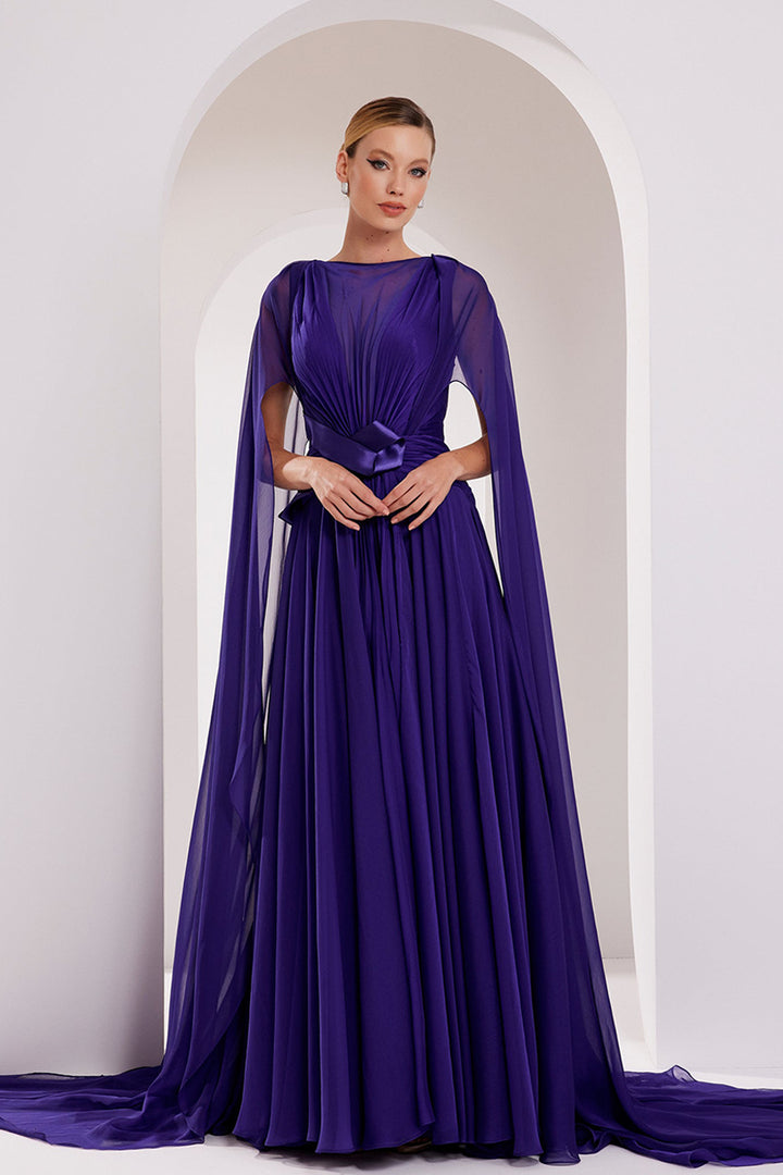Illusion V-Neck Draped Chiffon A-Line Dress