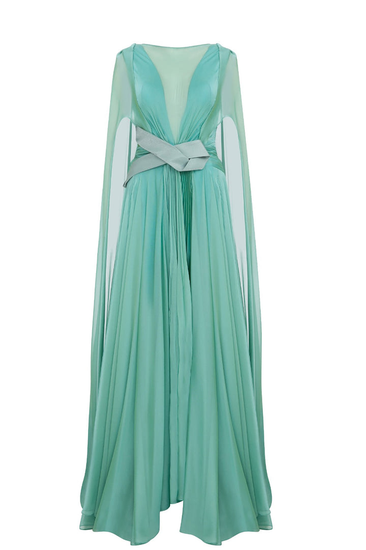 Illusion V-Neck Draped Chiffon A-Line Dress