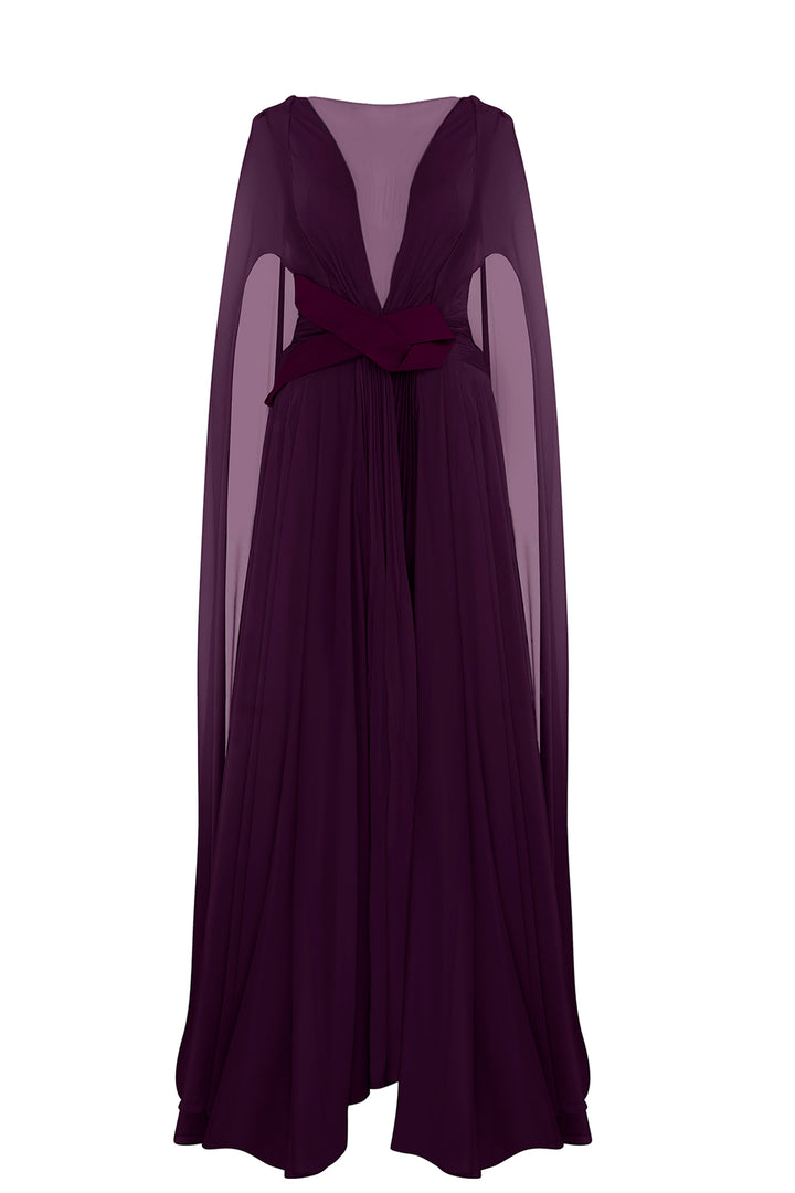 Illusion V-Neck Draped Chiffon A-Line Dress