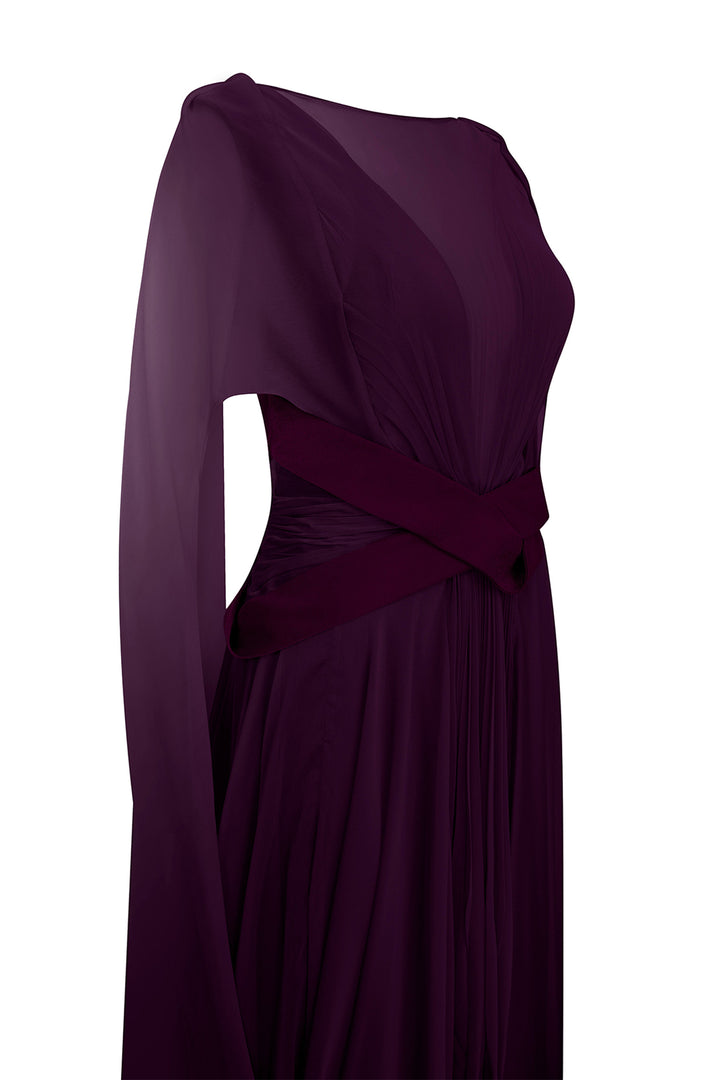 Illusion V-Neck Draped Chiffon A-Line Dress