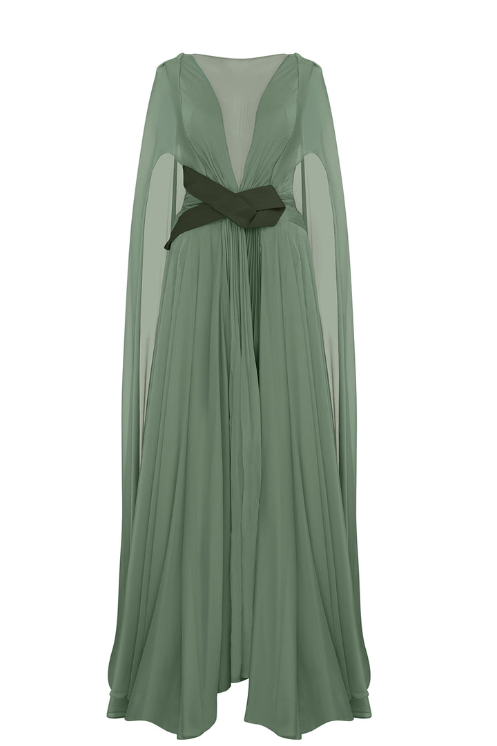 Illusion V-Neck Draped Chiffon A-Line Dress