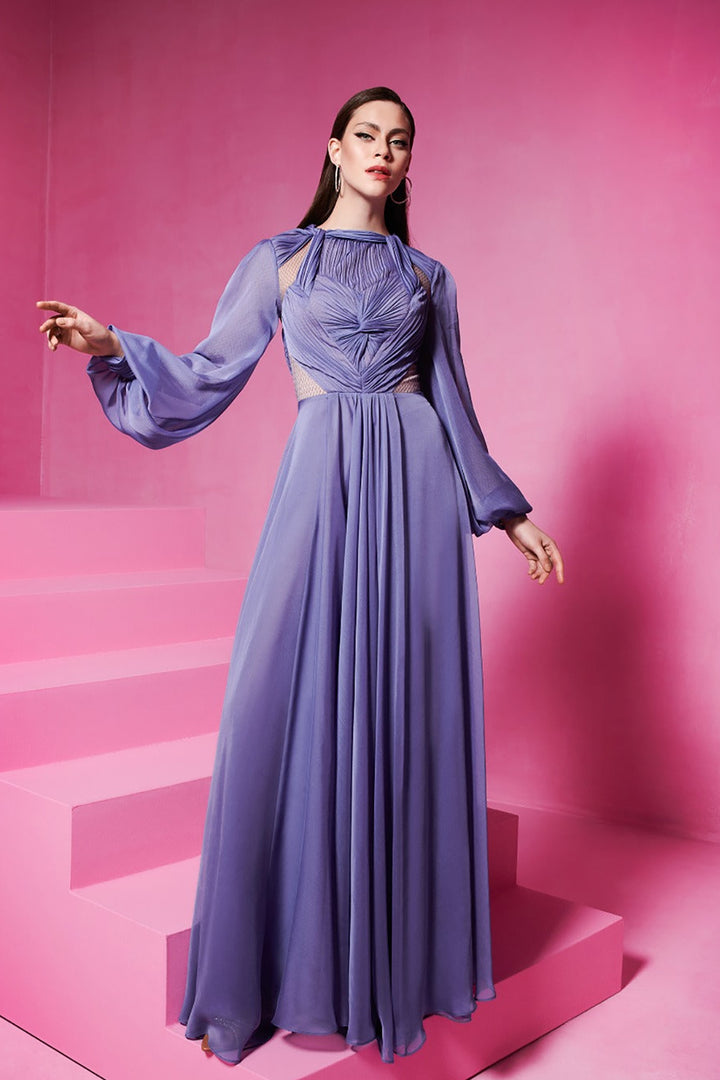 Draped Bust Puff-Sleeve A-Line Dress