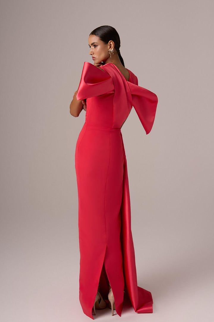 Sculpted-Shoulder Satin Evening Dress