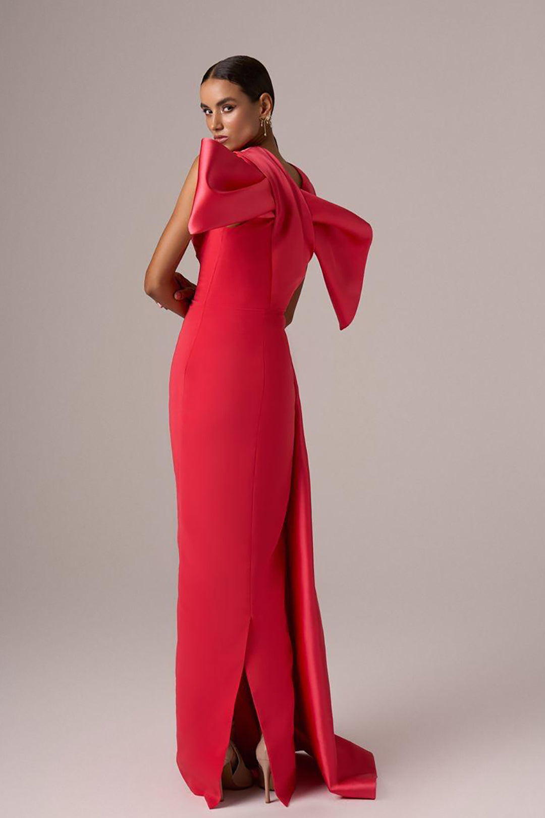 Sculpted-Shoulder Satin Evening Dress
