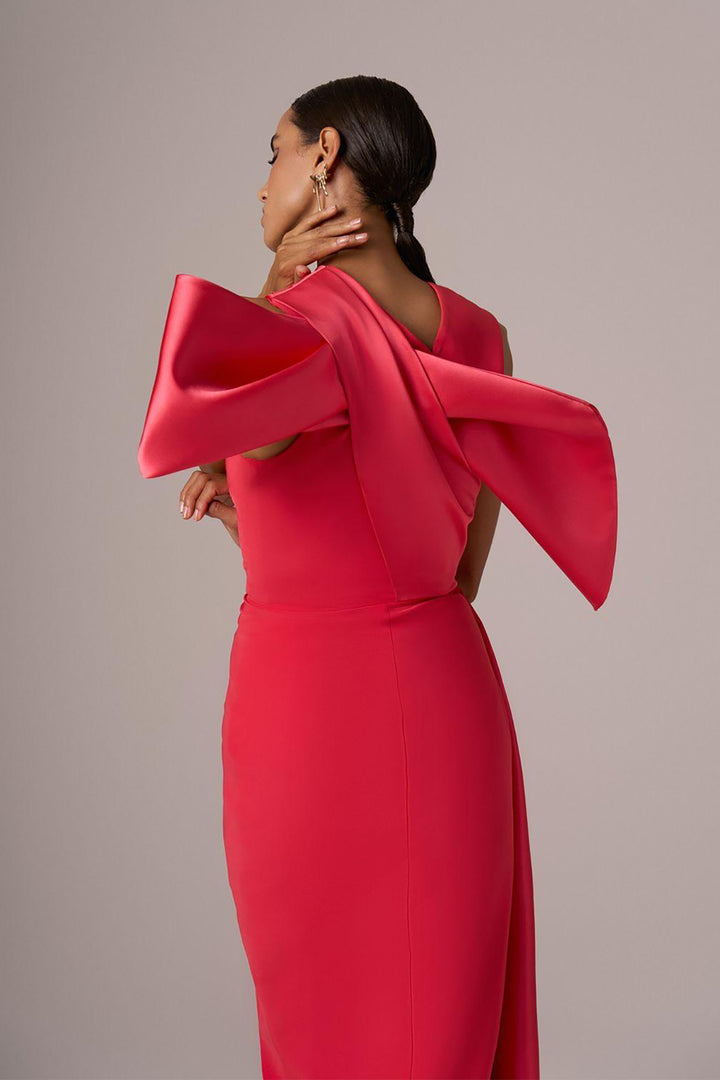 Sculpted-Shoulder Satin Evening Dress