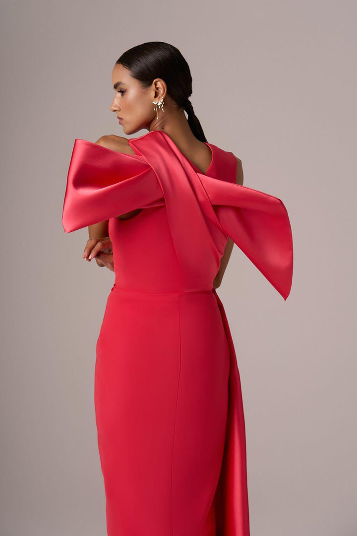 Sculpted-Shoulder Satin Evening Dress