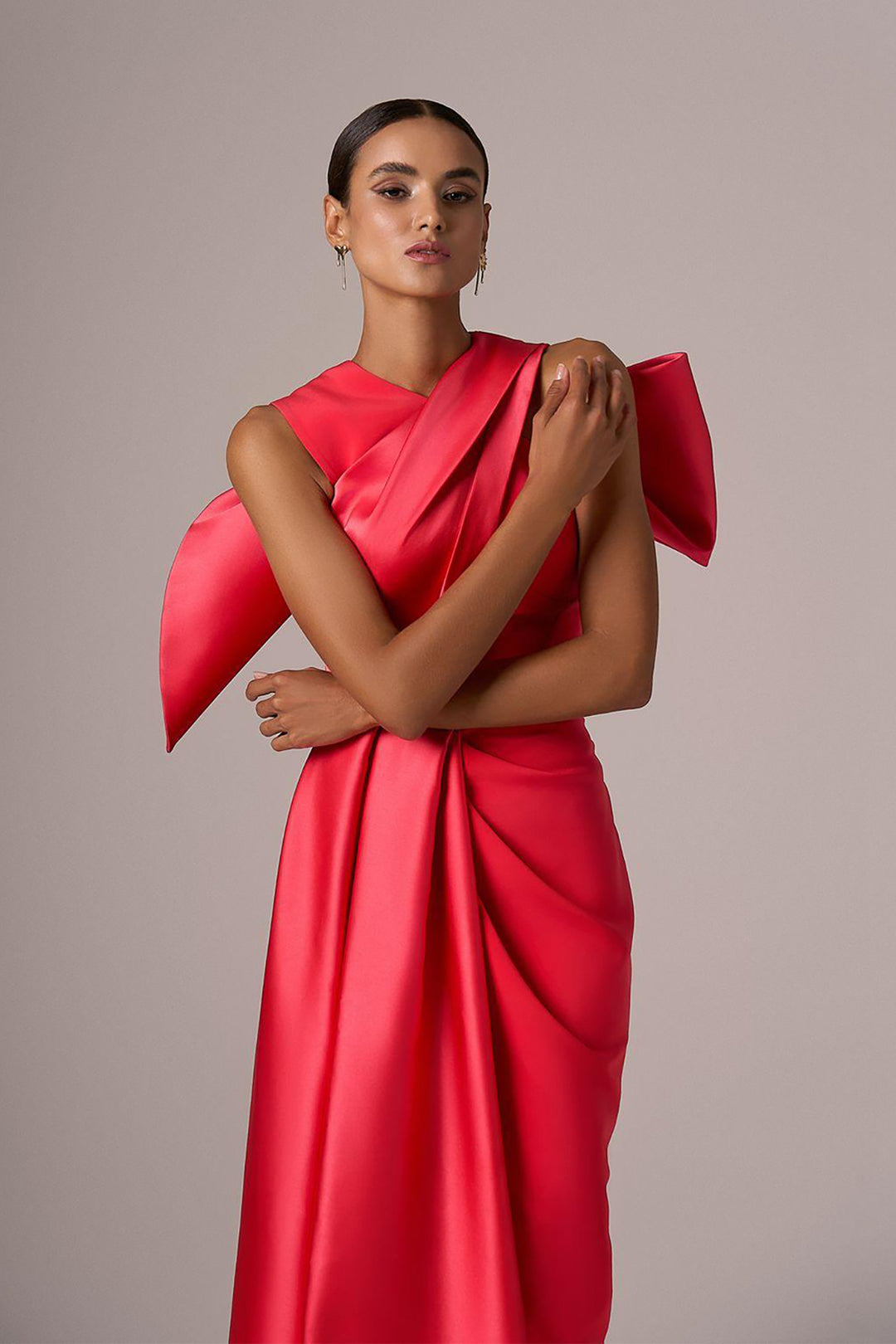 Sculpted-Shoulder Satin Evening Dress