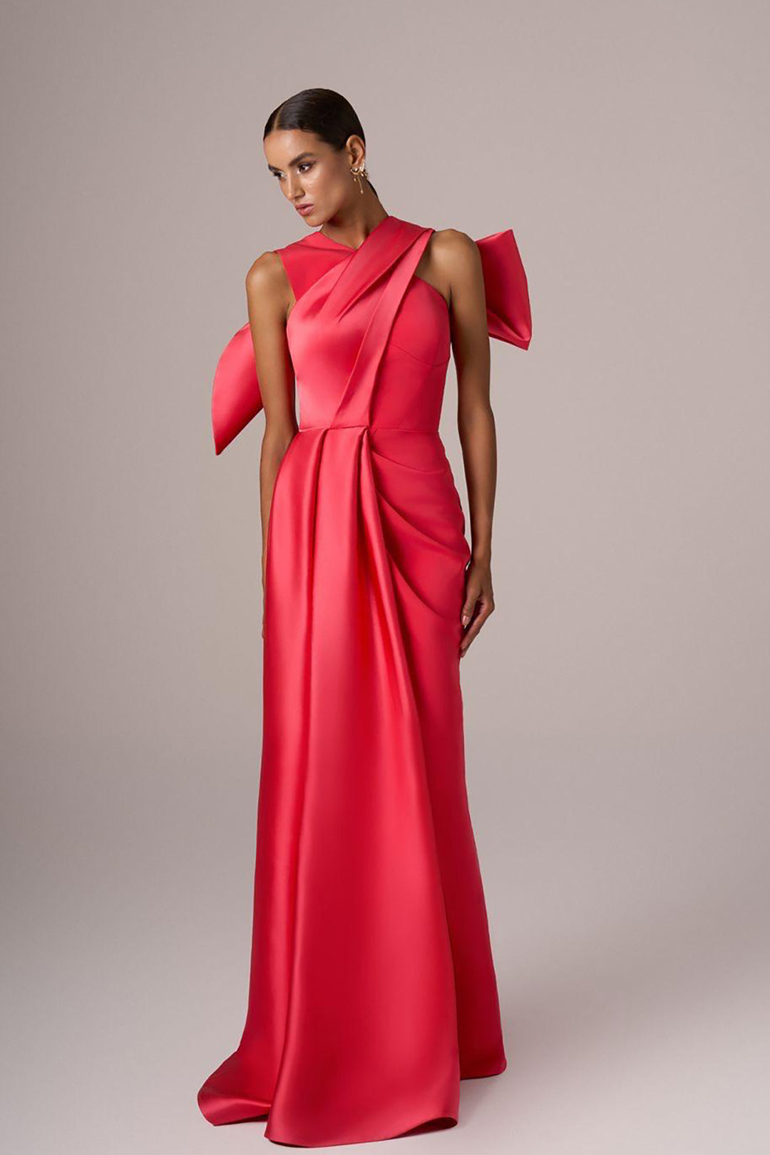 Sculpted-Shoulder Satin Evening Dress