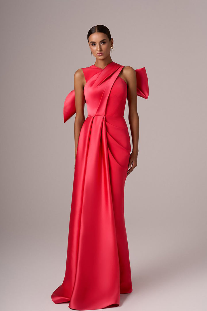 Sculpted-Shoulder Satin Evening Dress
