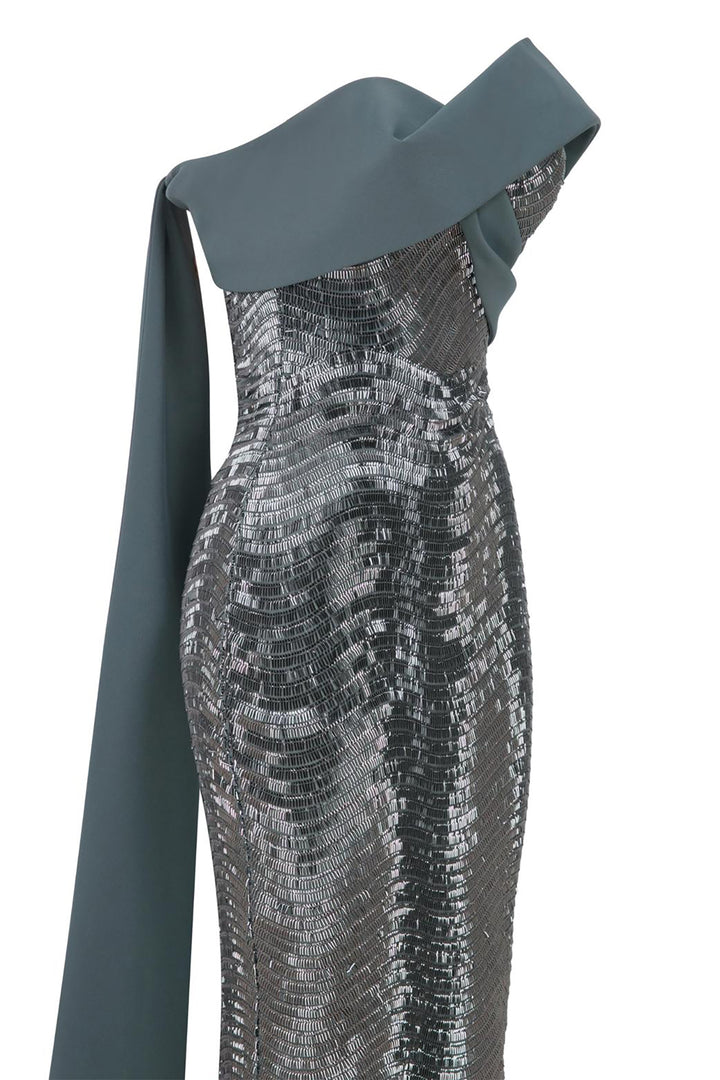 Off-The-Shoulder Draped Column Dress