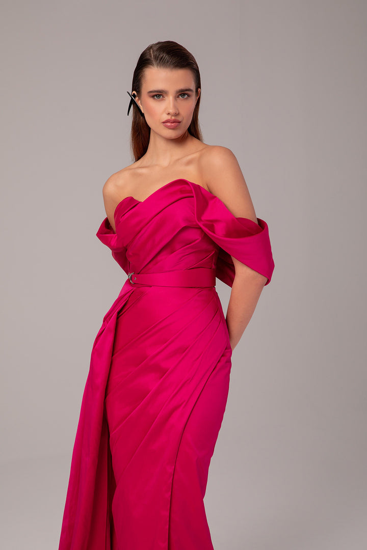 Off-The-Shoulder Satin Column Dress