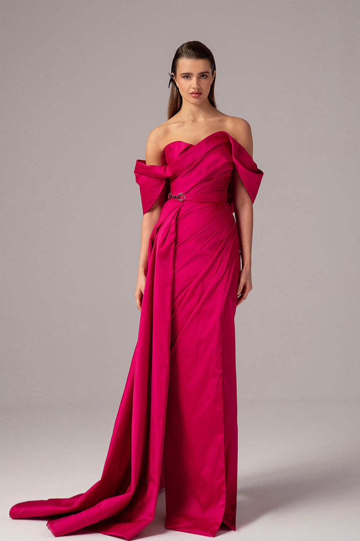 Off-The-Shoulder Satin Column Dress