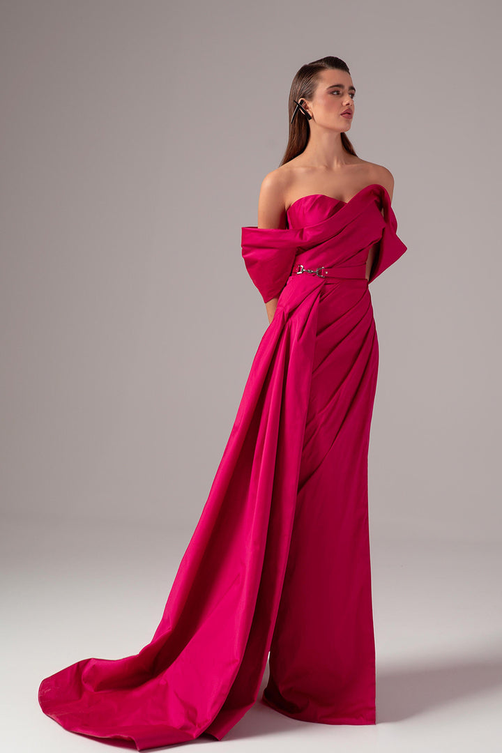 Off-The-Shoulder Satin Column Dress