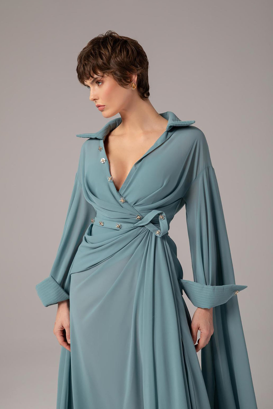 draped a line dress Kelly: A-Line Gown with Crepe Draped Bodice and Satin Skirt