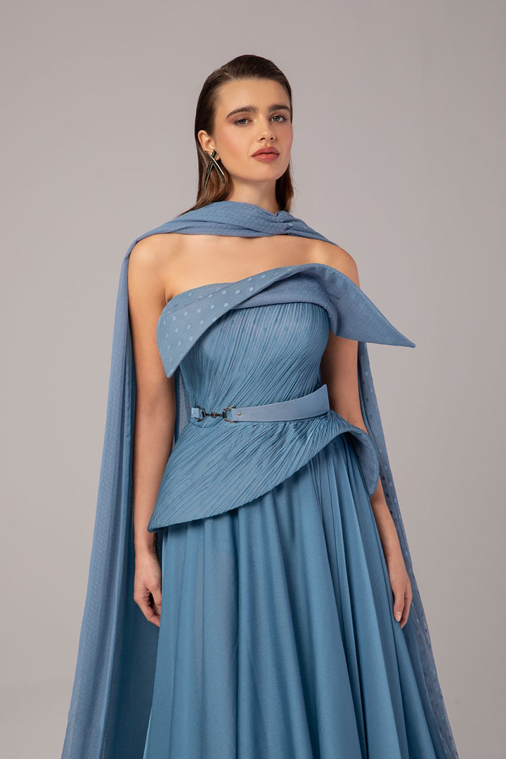 Strapless Draped Cape Column Dress
