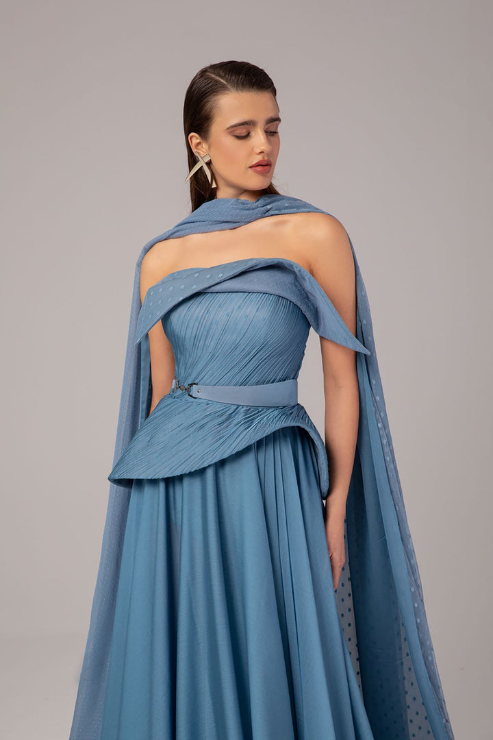 Strapless Draped Cape Column Dress