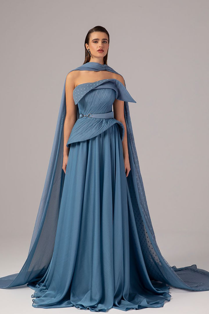 Strapless Draped Cape Column Dress