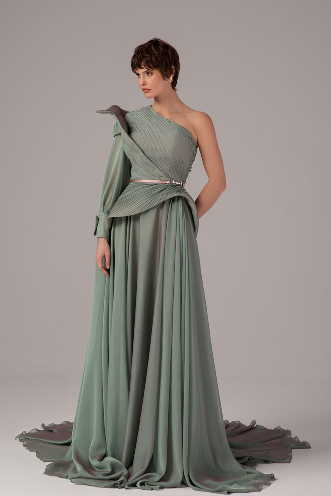 One-Shoulder Cape Draped A-Line Dress Blue-Green Teal / FR 54 One-Shoulder Cape Draped A-Line Dress Blue-Green Teal / FR 54