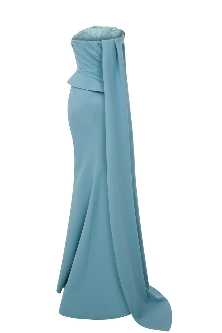 One-Shoulder Draped Dress with Cape Train