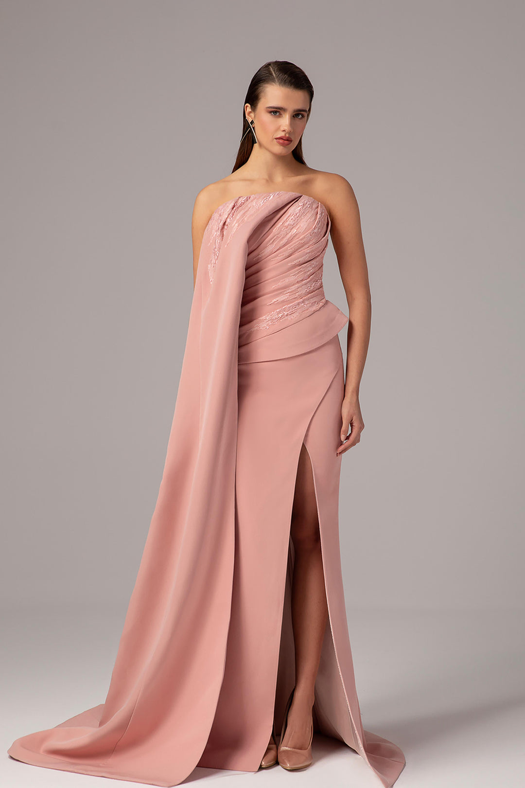 cape one shoulder dress One-Shoulder Draped Dress with Cape Train Blush Pink / FR 32