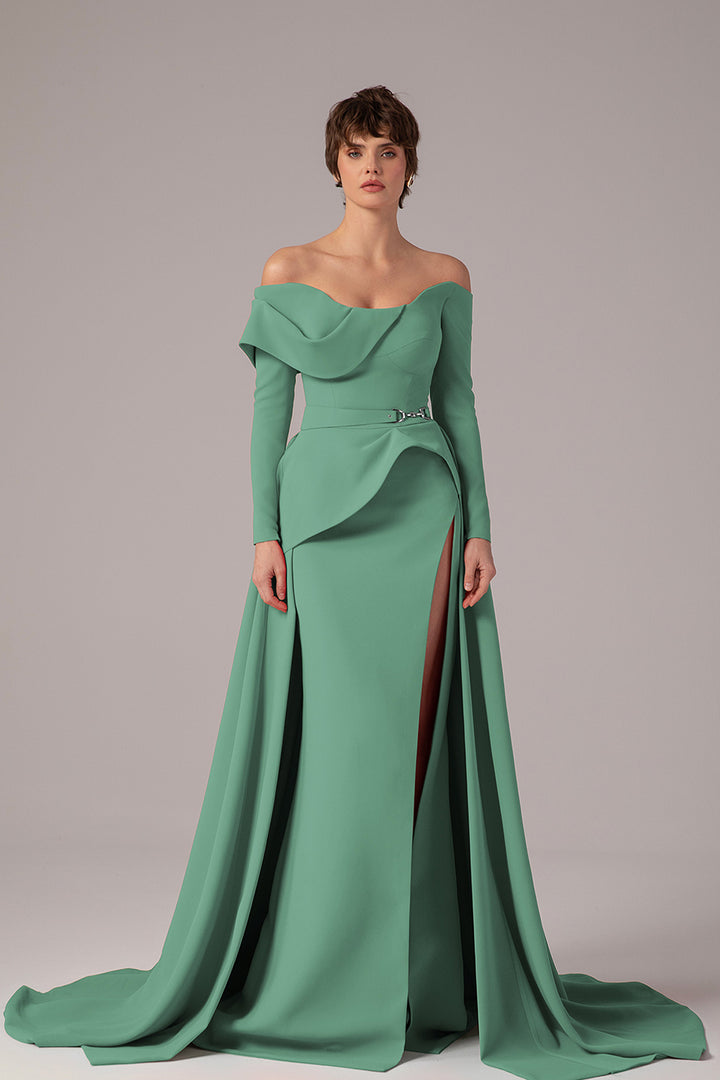 Off-The-Shoulder Cape Overlay Column Dress