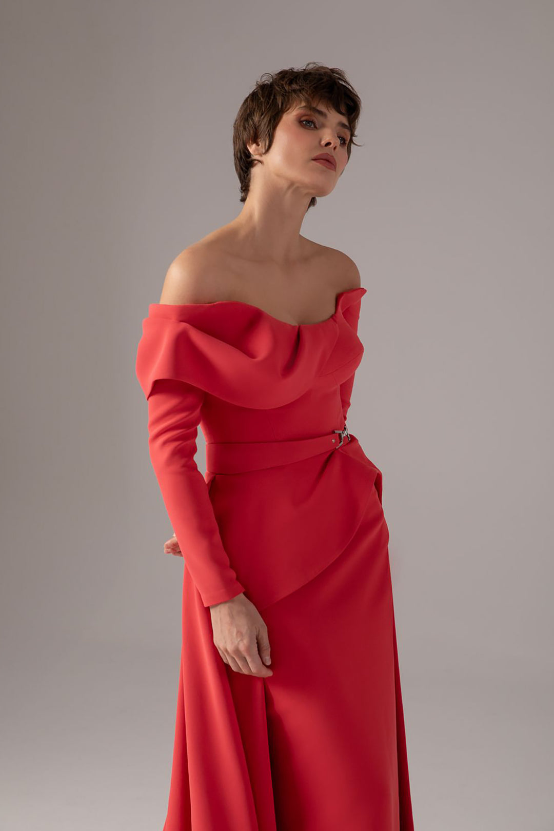 Off-The-Shoulder Cape Overlay Column Dress