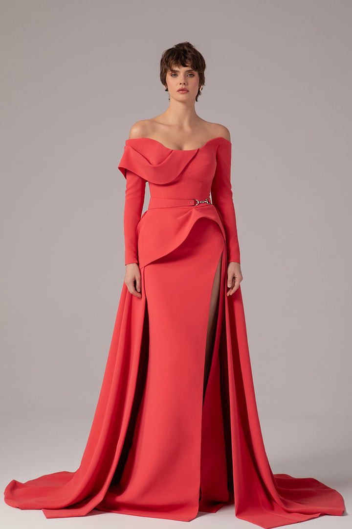 Off-The-Shoulder Cape Overlay Column Dress