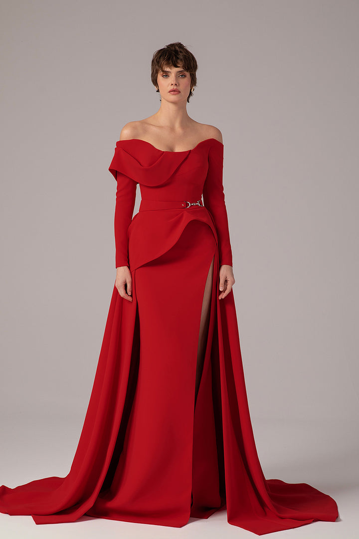 Off-The-Shoulder Cape Overlay Column Dress