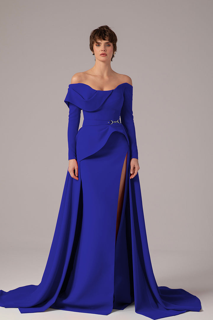 Off-The-Shoulder Cape Overlay Column Dress