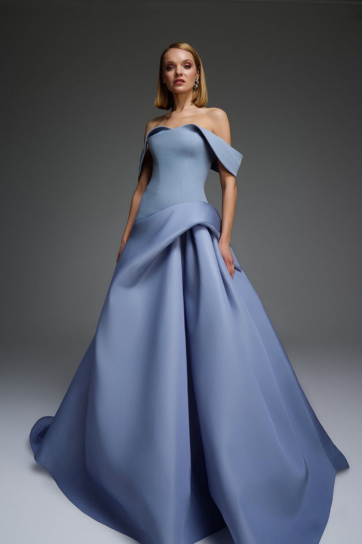 Off-The-Shoulder Cape-Swept A-Line Dress
