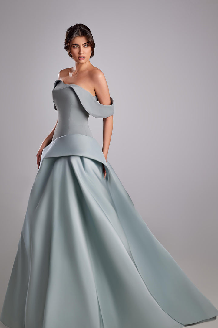 Off-The-Shoulder Cape-Swept A-Line Dress