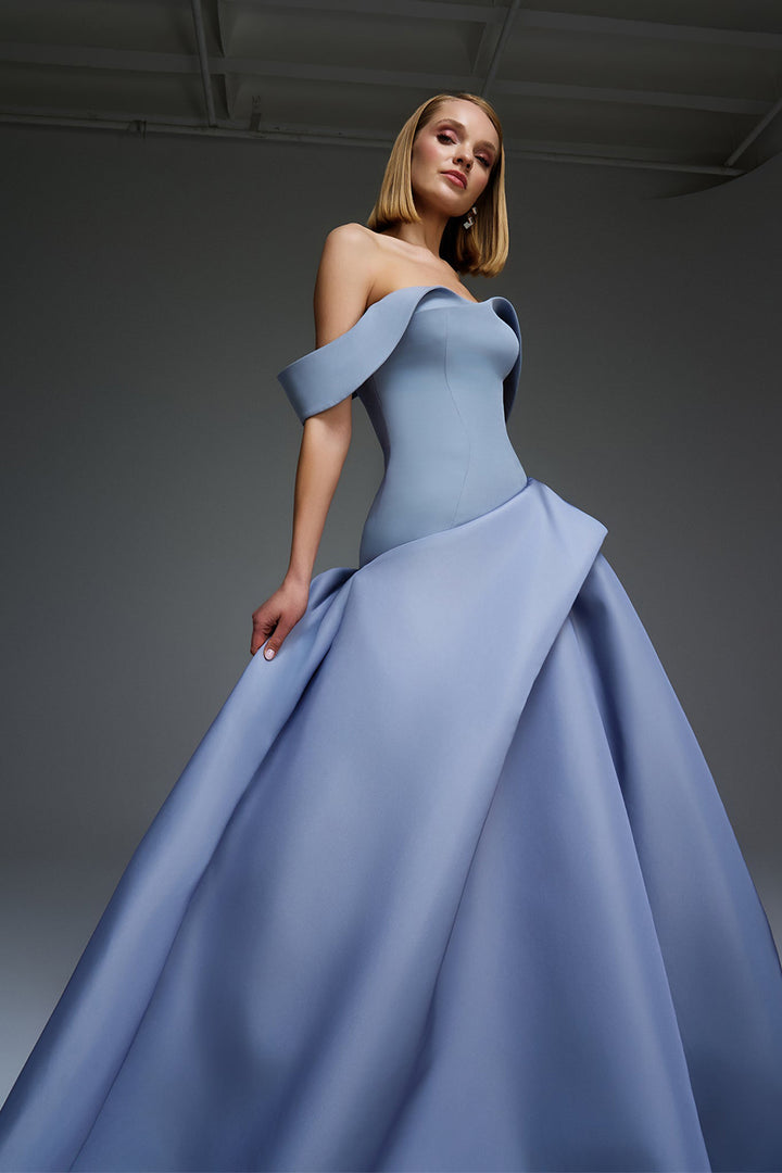 Off-The-Shoulder Cape-Swept A-Line Dress