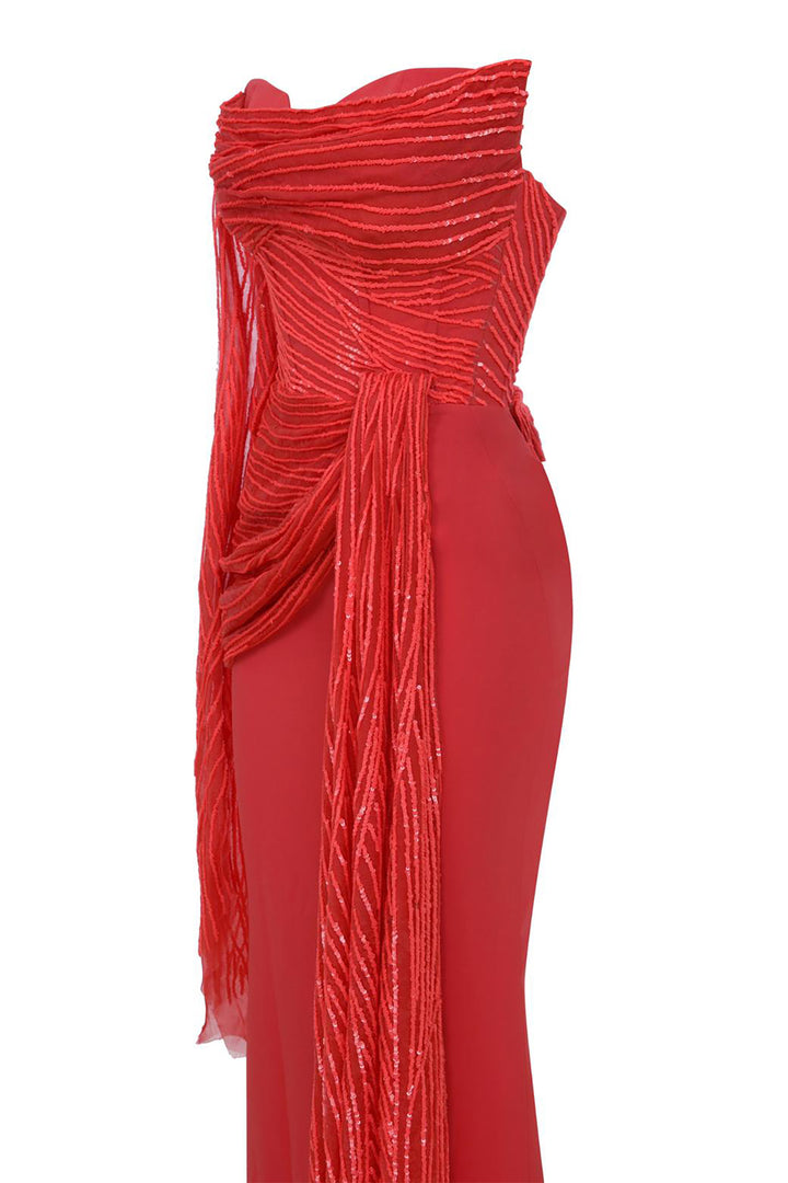 Off-The-Shoulder Satin Column Dress