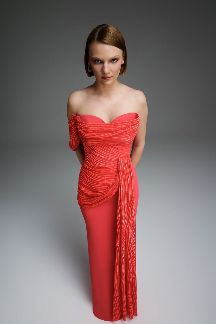 Off-The-Shoulder Satin Column Dress