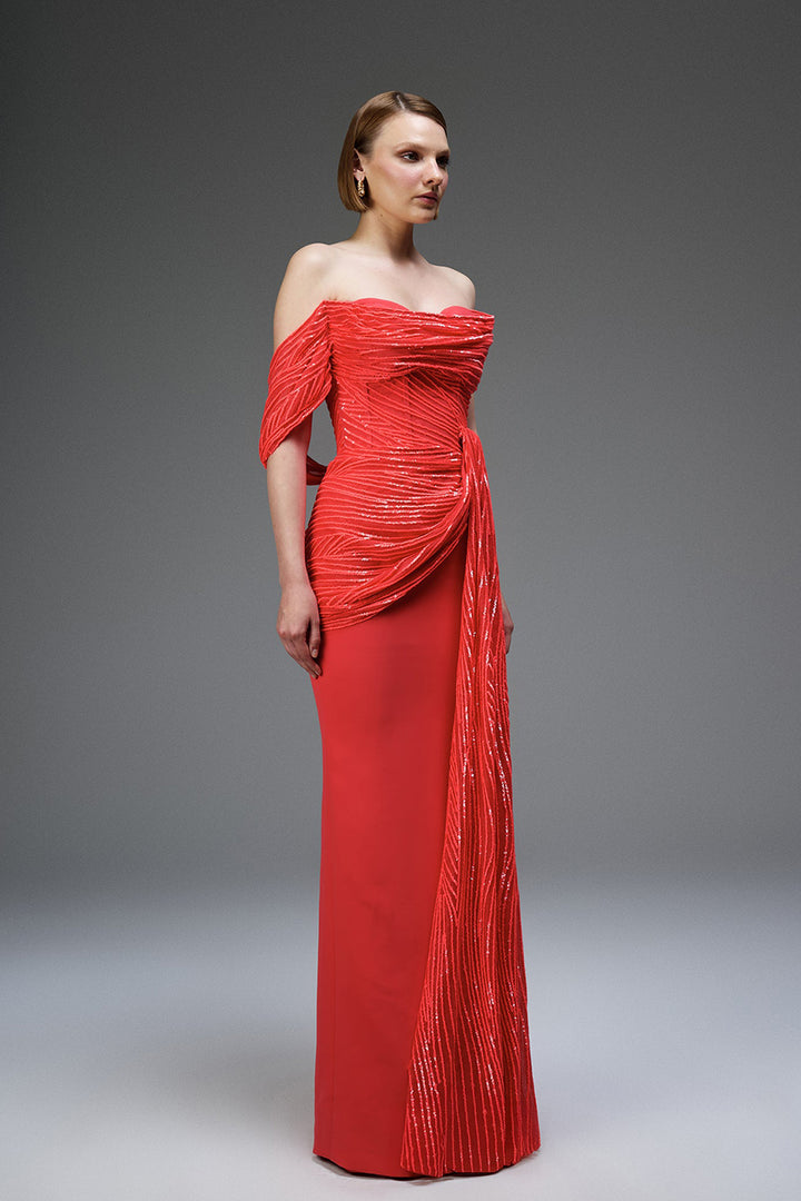 Off-The-Shoulder Satin Column Dress